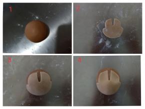 阿奇: 包馅后滚圆，浅咖色面团擀薄片，如图切出阿奇的脸部样子来，粘到头部，压出眼窝来