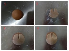 阿奇: 包馅后滚圆，浅咖色面团擀薄片，如图切出阿奇的脸部样子来，粘到头部，压出眼窝来