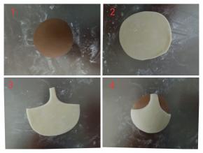 小力: 同样包馅后滚圆，白色面团擀薄片，切出如图的形状来，粘到头部