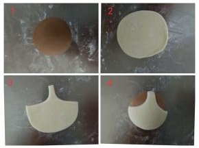 小力: 同样包馅后滚圆，白色面团擀薄片，切出如图的形状来，粘到头部