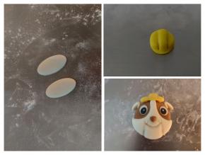 白色面团压两个椭圆，黄色面团做帽子的样子，全部做好后粘到头部合适位置，狗狗小力就做好了