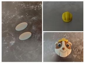 白色面团压两个椭圆，黄色面团做帽子的样子，全部做好后粘到头部合适位置，狗狗小力就做好了