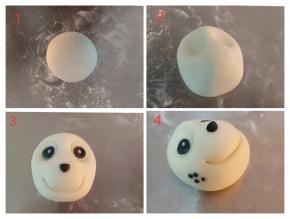 毛毛: 白色面团包馅后滚圆，压出眼窝，把鼻子眼睛粘好，黑色面团做出脸部的斑点