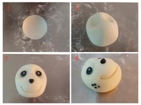 毛毛: 白色面团包馅后滚圆，压出眼窝，把鼻子眼睛粘好，黑色面团做出脸部的斑点