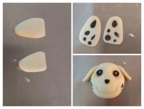 白色面团擀薄片，切出耳朵的样子，黑色面团做出斑点来，，把耳朵粘好，用红色面团捏出毛毛的帽子来(忘记拍图了，帽子样子参考成品图)