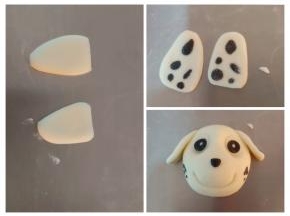 白色面团擀薄片，切出耳朵的样子，黑色面团做出斑点来，，把耳朵粘好，用红色面团捏出毛毛的帽子来(忘记拍图了，帽子样子参考成品图)