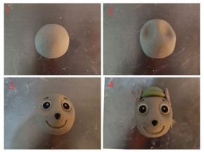 灰灰: 灰色面团包馅后滚圆，压出眼窝，嘴巴，粘好眼睛鼻子，耳朵参考阿奇的耳朵做法，绿色面团做帽子，用剪刀剪出鬃毛的样子，粘到脸部两侧