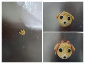 适量橘色面团搓小水滴，粘到天天的额头部位，红色面团做出飞行眼镜来