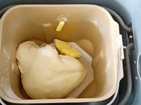 一个揉面程序结束后放入盐和软化好的黄油，继续揉面