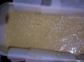 将蛋糕糊倒入模具中，震几下震出气泡，表面撒适量白芝麻装饰