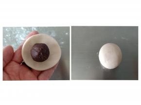 先做莱德的头，包入豆沙馅，也可以包入其他你喜欢的馅料，收口向下，揉圆，稍微整理一下成椭圆