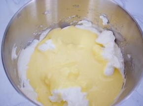 把拌匀的蛋黄糊倒回蛋白霜中，翻拌均匀