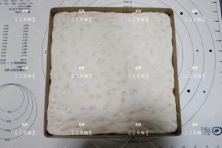 然后反骨28*28的金盘中，整形成跟模具大小差不多的方形面片，用手中在面片上戳一些洞，放置一旁醒发15分钟