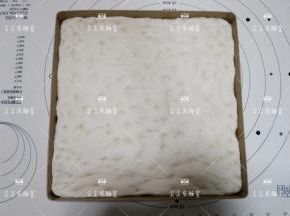 然后反骨28*28的金盘中，整形成跟模具大小差不多的方形面片，用手中在面片上戳一些洞，放置一旁醒发15分钟