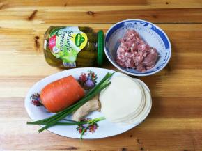 准备好食材：肉糜，胡萝卜，饺皮，冠利腌绿辣椒，葱，姜