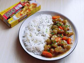 一盘，一半米饭一半咖喱蹄筋。撒上熟芝麻，葱花！