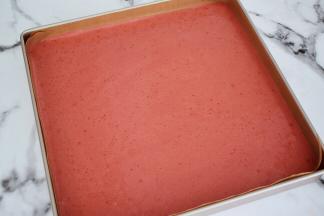 烤盘铺上耐高温不粘布，把拌匀的蛋糕糊倒入烤盘中，拿刮刀抹平表面，用手端住模具用力震几下，震出大气泡