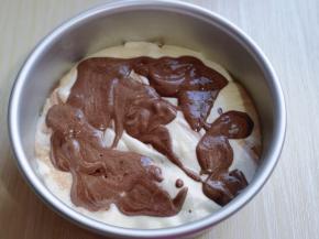 首先倒入一半原味蛋糕糊，再倒入可可蛋糕糊！