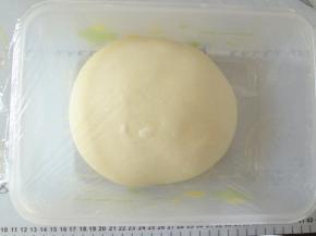 取出面团整理成光滑的面团放入发酵盒中盖上保鲜膜开始一发，室温发酵时间看状态