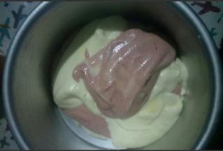 再取同量的红色面糊倒入，依次类推，直至倒入所有的面糊。每次倒面糊都要从中间往下倒