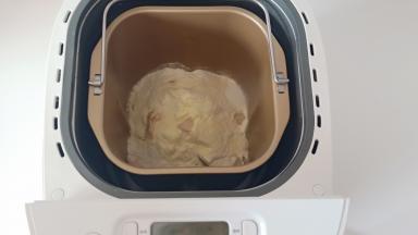 汤种和主面团中除（黄油）以外的其它材料一起放入面包机里，选择面包和面功能。