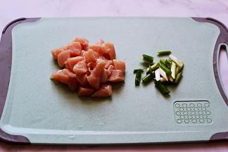 鸡脯肉从冰柜拿出来解冻后洗净用刀切成块状、葱切丝备用。