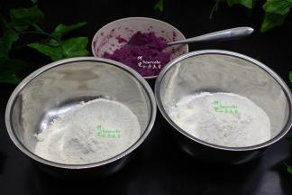 面粉分别为150克、100克，二个盘子。150克的面粉加15克白砂糖、1克酵母、适量的温水搅拌均匀揉成光滑的面团。100克面粉加100克紫薯泥、1克酵母、15克白砂糖，适量温水搅拌均，揉成光滑紫薯面团。