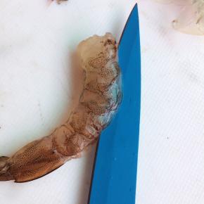 鲜虾去头剥壳，用刀从虾背划开成双飞。