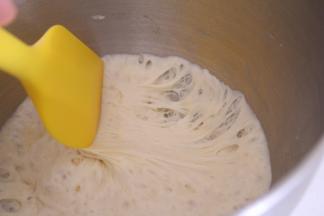 盖上保鲜膜，室温发酵2小时左右，发酵好的波兰种有很多气孔