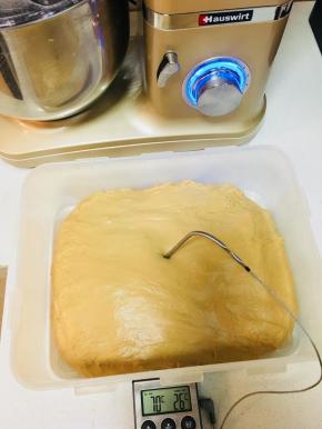 将面团放入发酵盒中，面温26度，发酵一个小时。