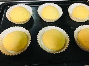 11、和制作菠萝包差不多，底部不需要包裹菠萝皮。包好后放入纸托中。刷上全蛋液，进行2次发酵。时间大概60分钟左右。发酵温度不要超过28度。温度高了菠萝皮就化了。