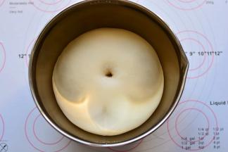 面团发酵到1.5-2倍大，手指沾面粉戳一个洞，不回缩、不塌陷，发酵完成。