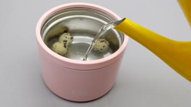 焖烧罐先倒入开水预热5分钟再倒掉、放鹌鹑蛋以及开水、盖上盖子焖10分钟就可以拿出来剥壳。