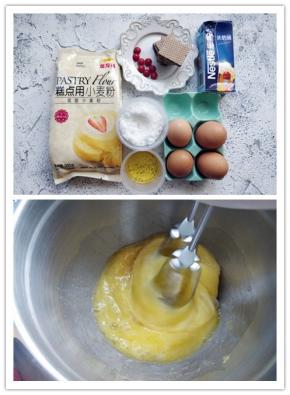 准备好各种食材，将金龙鱼低筋粉过筛，淡奶油需提前冷藏一晚。将鸡蛋打入打蛋盆中，分两次加入细砂糖，用打蛋器进行全蛋打发。