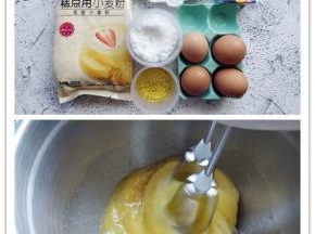 准备好各种食材，将金龙鱼低筋粉过筛，淡奶油需提前冷藏一晚。将鸡蛋打入打蛋盆中，分两次加入细砂糖，用打蛋器进行全蛋打发。