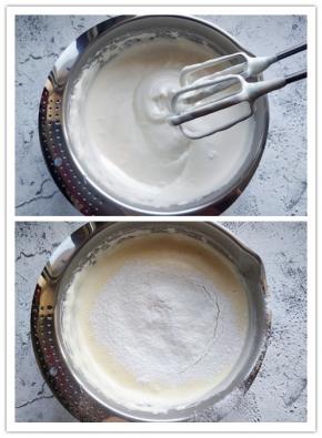 一直打发到颜色发白，体积膨胀三倍以上，提起打蛋头，滴落的痕迹不会很快溶解的程度。 分两次筛入低筋粉，从底部轻柔翻拌到无干粉状态。注意不要过度搅拌，以免起筋，影响蛋糕膨胀。