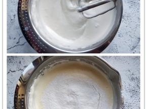 一直打发到颜色发白，体积膨胀三倍以上，提起打蛋头，滴落的痕迹不会很快溶解的程度。 分两次筛入低筋粉，从底部轻柔翻拌到无干粉状态。注意不要过度搅拌，以免起筋，影响蛋糕膨胀。