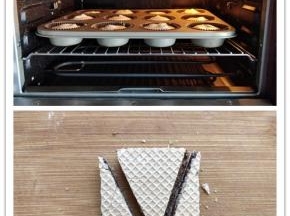 将模具放入预热好的烤箱，中下层，上下火165度，烘烤18分钟左右。趁烤蛋糕的同时，将华夫饼干切成图中的三角形，放在一边备用。