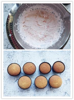 将淡奶油加入细砂糖和少许草莓粉（或粉色食用色素），用打蛋器打发到裱花状态后，放入冰箱冷藏备用。将烤好的杯蛋糕晾凉。