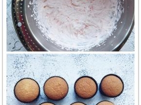 将淡奶油加入细砂糖和少许草莓粉（或粉色食用色素），用打蛋器打发到裱花状态后，放入冰箱冷藏备用。将烤好的杯蛋糕晾凉。