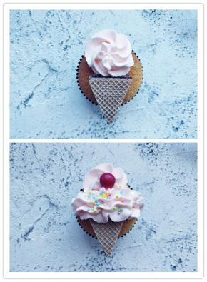 把淡奶油装入安装了星形花嘴的裱花袋中，在杯蛋糕顶部上方螺旋挤出花型，切好的华夫饼干放在它的下方。在中间部分挤出波浪花纹，再把一颗彩虹糖放在花心上，撒少许彩糖粒装饰即可。