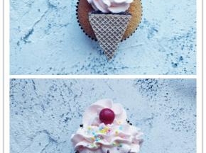 把淡奶油装入安装了星形花嘴的裱花袋中，在杯蛋糕顶部上方螺旋挤出花型，切好的华夫饼干放在它的下方。在中间部分挤出波浪花纹，再把一颗彩虹糖放在花心上，撒少许彩糖粒装饰即可。