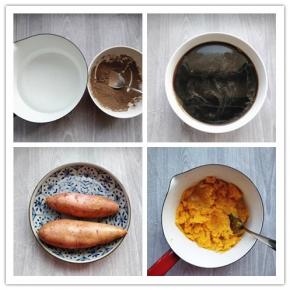 1.先制作仙草：将黑凉粉加凉开水，搅拌到无颗粒的状态。2.再加入热水，搅匀后小火煮至沸腾，晾晾后倒入大碗内，入冰箱冷藏至凝固。3.接下来制作红薯圆子：红薯洗净，放入装了少许水的浅盘中，入微波炉高火三分钟，翻转一下再高火两分钟，捏捏感觉内芯变软就是熟了。4.将红薯取出，剥皮后捣碎，加糯米粉和少许水调匀。