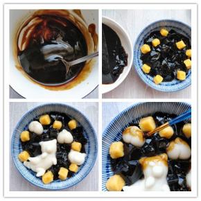 17.将淀粉加少许冷水调匀，倒入糖水锅中，小火加热，搅拌到粘稠的程度，晾凉备用。18.把凝固好的仙草切成小块，和红薯圆子盛入碗中。19.将煮好的柴犬圆子摆在上面。20.用小毛刷蘸上红糖糖浆，刷在额头，耳朵和尾巴等部位。