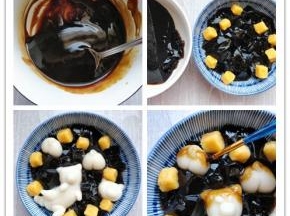 17.将淀粉加少许冷水调匀，倒入糖水锅中，小火加热，搅拌到粘稠的程度，晾凉备用。18.把凝固好的仙草切成小块，和红薯圆子盛入碗中。19.将煮好的柴犬圆子摆在上面。20.用小毛刷蘸上红糖糖浆，刷在额头，耳朵和尾巴等部位。