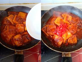 倒入水淀粉慢慢煎至汤汁收干，尝味加盐，起锅装盘。