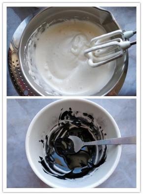 3. 打发到体积膨胀到三倍大左右，颜色发白，花纹明显，滴落的痕迹不会很快融合的程度，全蛋打发就完成了。4. 将5克竹炭粉加5克玉米油搅匀后，加入少许打发的蛋液搅匀到粘稠状态。