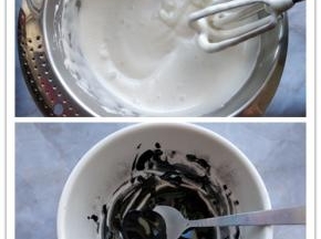 3. 打发到体积膨胀到三倍大左右，颜色发白，花纹明显，滴落的痕迹不会很快融合的程度，全蛋打发就完成了。4. 将5克竹炭粉加5克玉米油搅匀后，加入少许打发的蛋液搅匀到粘稠状态。