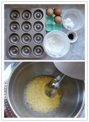 1. 准备好各种食材。竹炭粉可以用黑芝麻粉代替。2. 将鸡蛋打入干净的打蛋盆中，加细砂糖打发。