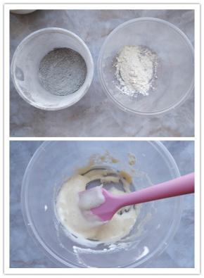 7. 趁烘烤的同时，留出少许低筋粉，将剩余的低筋粉和剩余的竹炭粉混合，形成一白一灰两种低粉。8. 把白色低粉与少许打发的全蛋液混合成白色蛋糕糊，加少许玉米油拌匀后，装入剪口裱花袋。